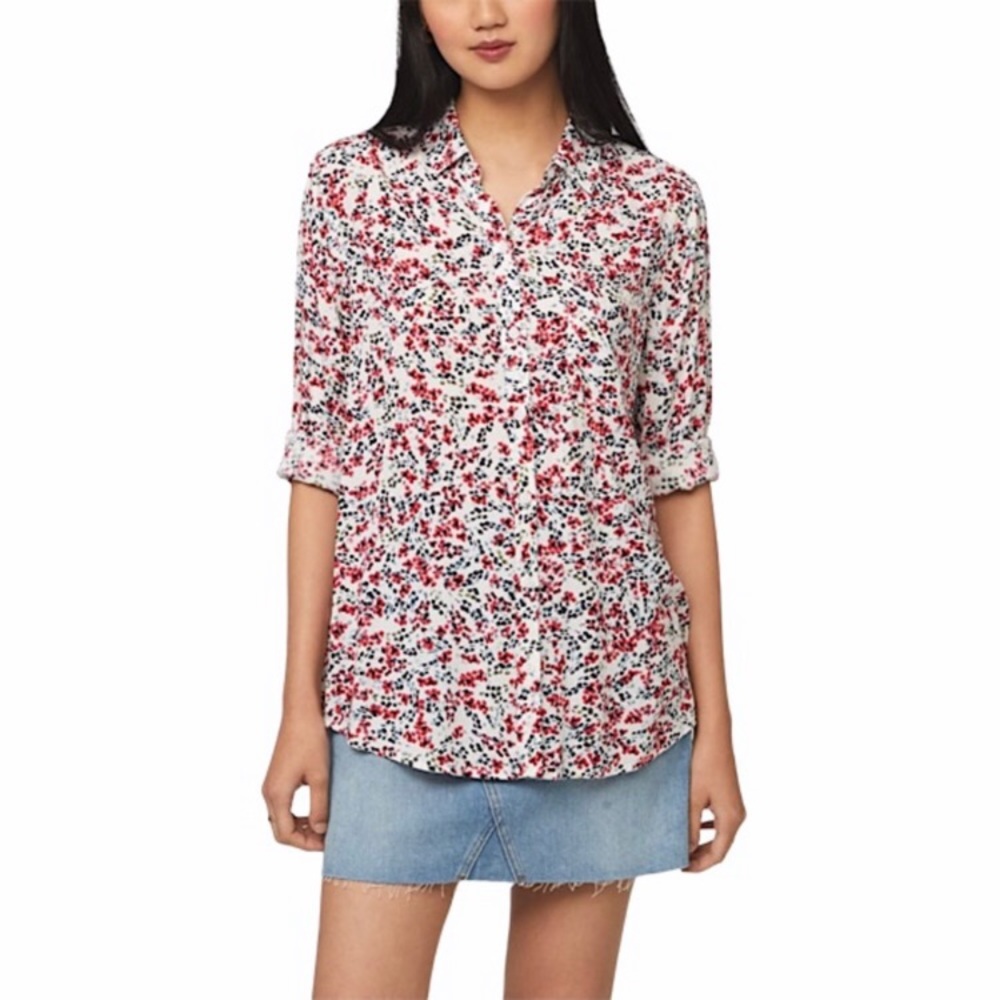 beachlunchlounge White Button-Down Shirt with Red & Navy Floral Print
